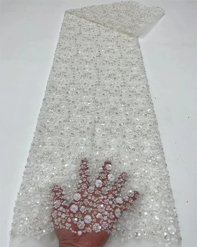 High Quality African Fabric for Women 2026 French Beaded Luxury Tulle Nigerian Sequins Net Lace Wedding Dress Material image 3