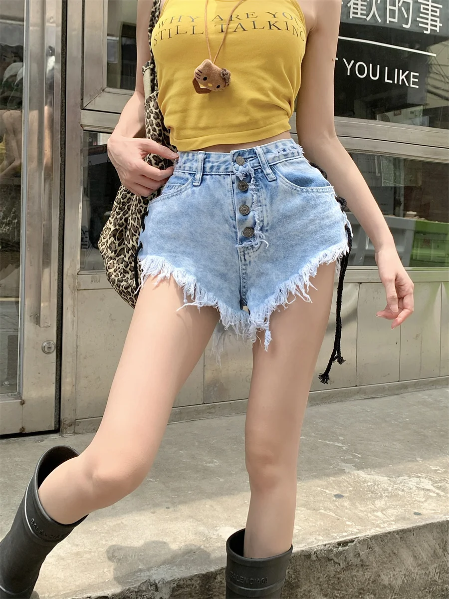 

Slergiri Summer button fly denim shorts women's fashion streetwear high waisted ripped loose lace up raw hem jean shorts