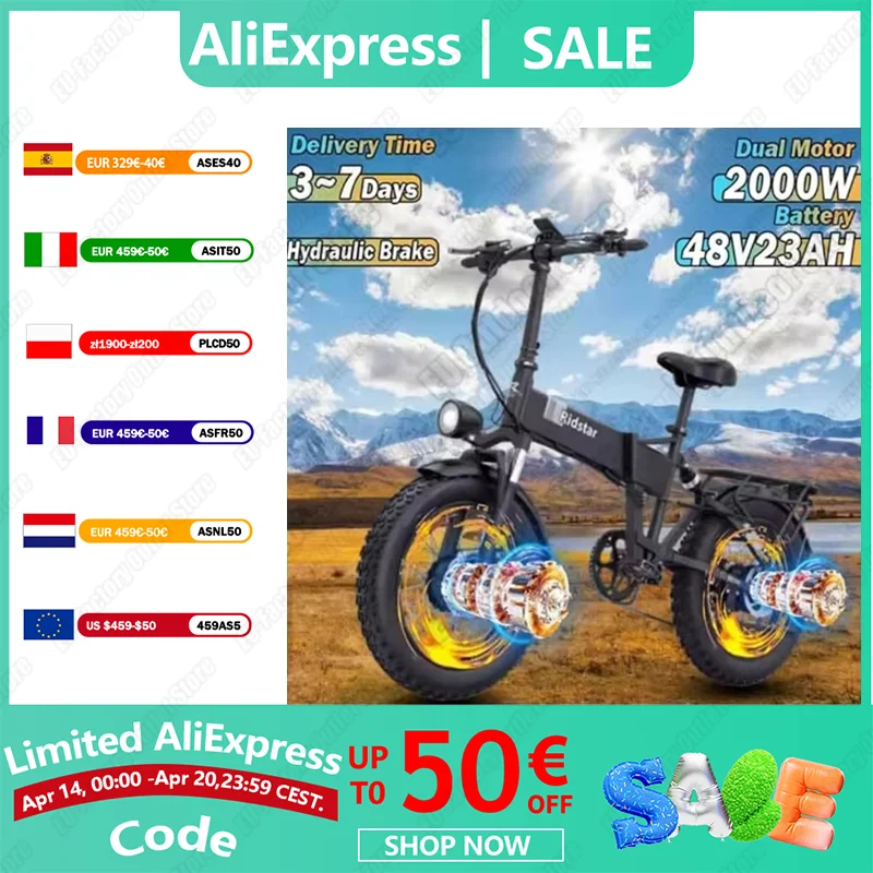 H20pro Electric cycle 2000W Powerful Motor 48V23AH Lithium Battery Hydraulic Electric Bike 20 * Fat fire Snow e-Bike