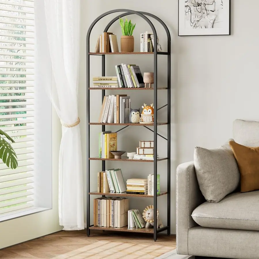 

6Tier Bookshelf Arched Display Racks, Wood and Metal Bookcase, Tall Bookshelf, Industrial Display Standing Shelf Unit, for Home