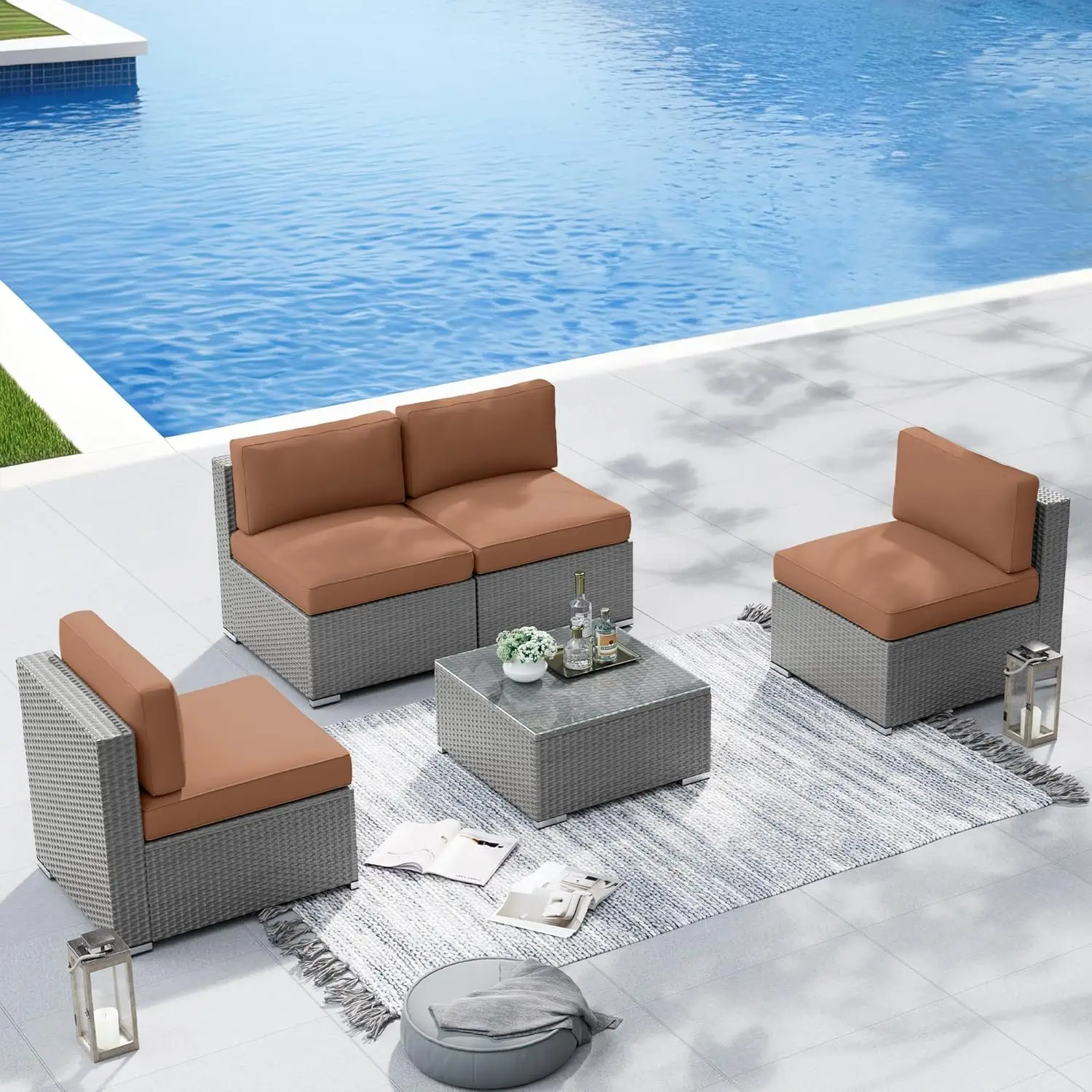 Outdoor Patio Furniture Set 5 Piece Outdoor Sectional Sofa Grey Wicker Conversation Sofa Set with Coffee Table and Cushions,