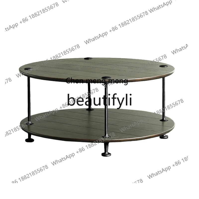 

Wrought iron coffee table round edge few Nordic style oak cast iron retro cold few R