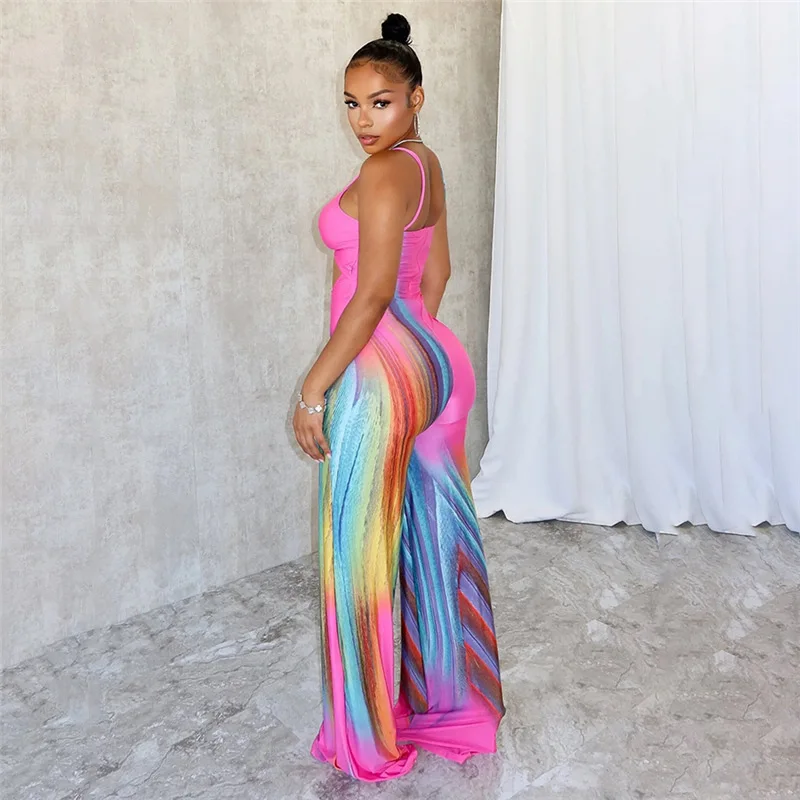 Summer Sexy Bodyscon Printed Suspender High Waist Backless Wide Leg Pants Jumpsuit Women 2024 One Piece Long Rompers Clothes