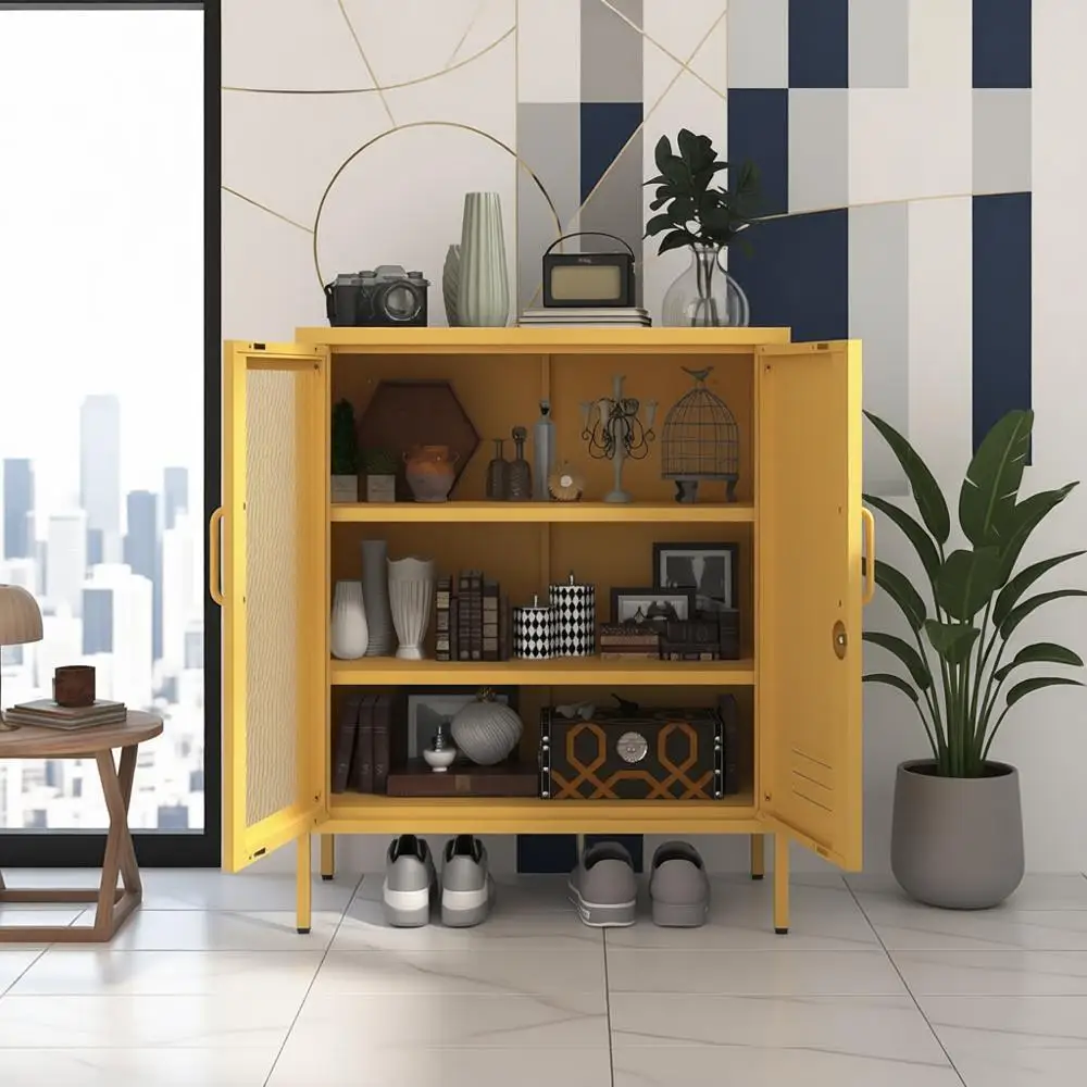 

Contemporary Yellow Metal Locker Cabinet with Adjustable Shelves, Lockable, Easy Assembly for Home and Office, 33x29.5x13.8
