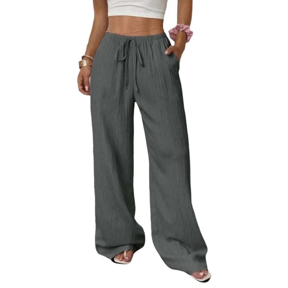 Elegant Lace-up Straight Leg Pants Side Pocket Loose Wide Leg Trousers Casual Wear Drop Feeling Floor Length Britches Streetwear