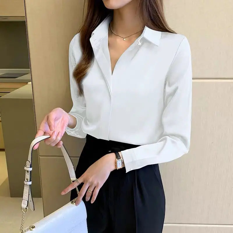 

Ele Satin Long Sve irt for Women Profional Straight Cut Tailored Blouse Engli Sle Commute Pure Color irt