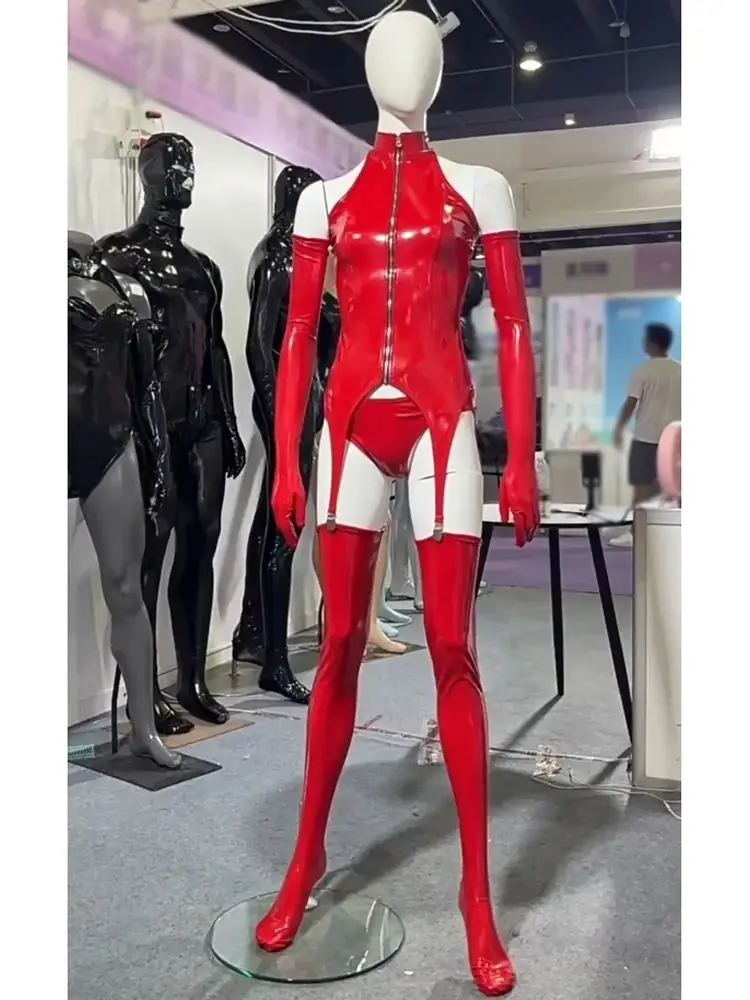 

Tights Wet Look PVC Cosplay Outfit Shiny PU Leather Crotchless Bodysuit Body Garter Belt Thigh High Stokings Gloves Briefs Suit