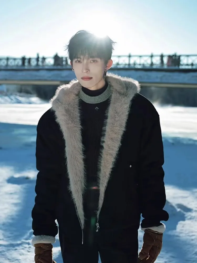 

Cleanfit Men's Winter Cotton Jaet Fce Lined Hooded Coat Large Fur Collar Warm Casual Outerwear Stand Fit Zipper Closure