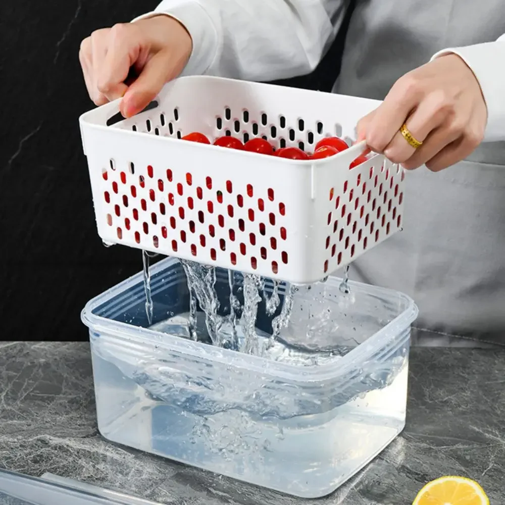 Refrigerator Crisper Drain Basket Kitchen Vegetable Washing Basket with Filtered Water Double Layer Drain Basket