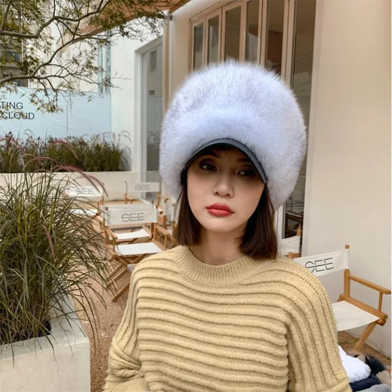 Elastic Real Blue Fox Fur Baseball Cap Fluffy Winter Snow Outdoor Hat New Fashion Head Accessories