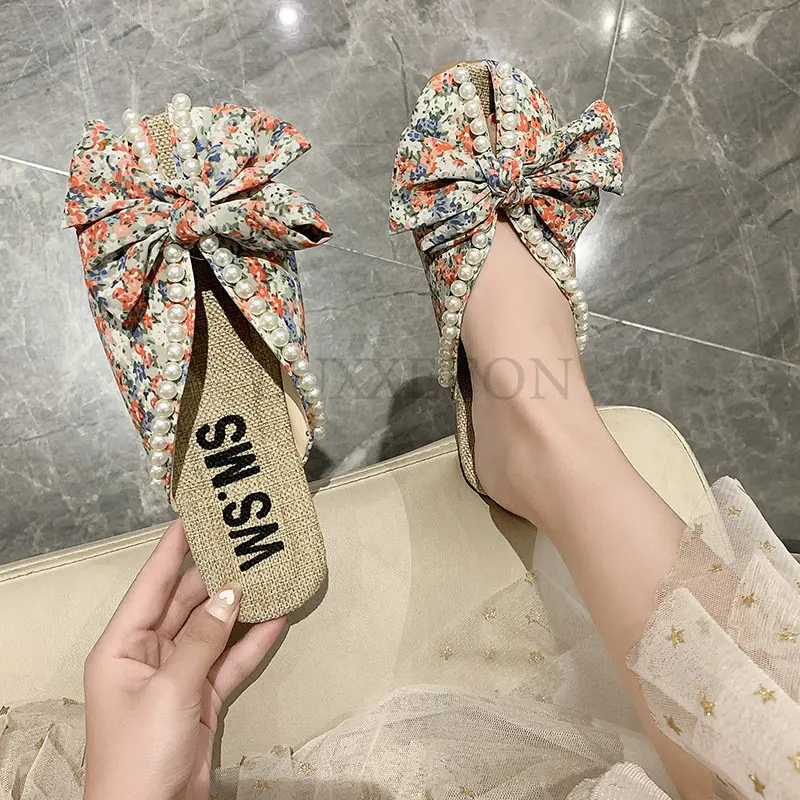 Summer Slipper Flat Slippers for Women Outdoor Pearl Slipper Linen Insole Broken Flower Bow Sandals Pantuflas Para Mujer