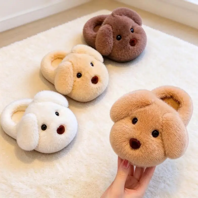 Cute Furry Puppy Home Slippers for Children Winter Boys Girls Warm Plush Indoor Slippers Thick Sole Non Slip Kids Cotton Shoes