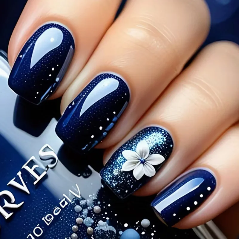 Mittellange künstliche Nägel für Frauen und Mädchen, Farbverlauf Blau, Vollabdeckung, quadratische Nagelspitzen mit Blumen- und Perlen-Design, zum Aufkleben, künstliche Nagelkunst