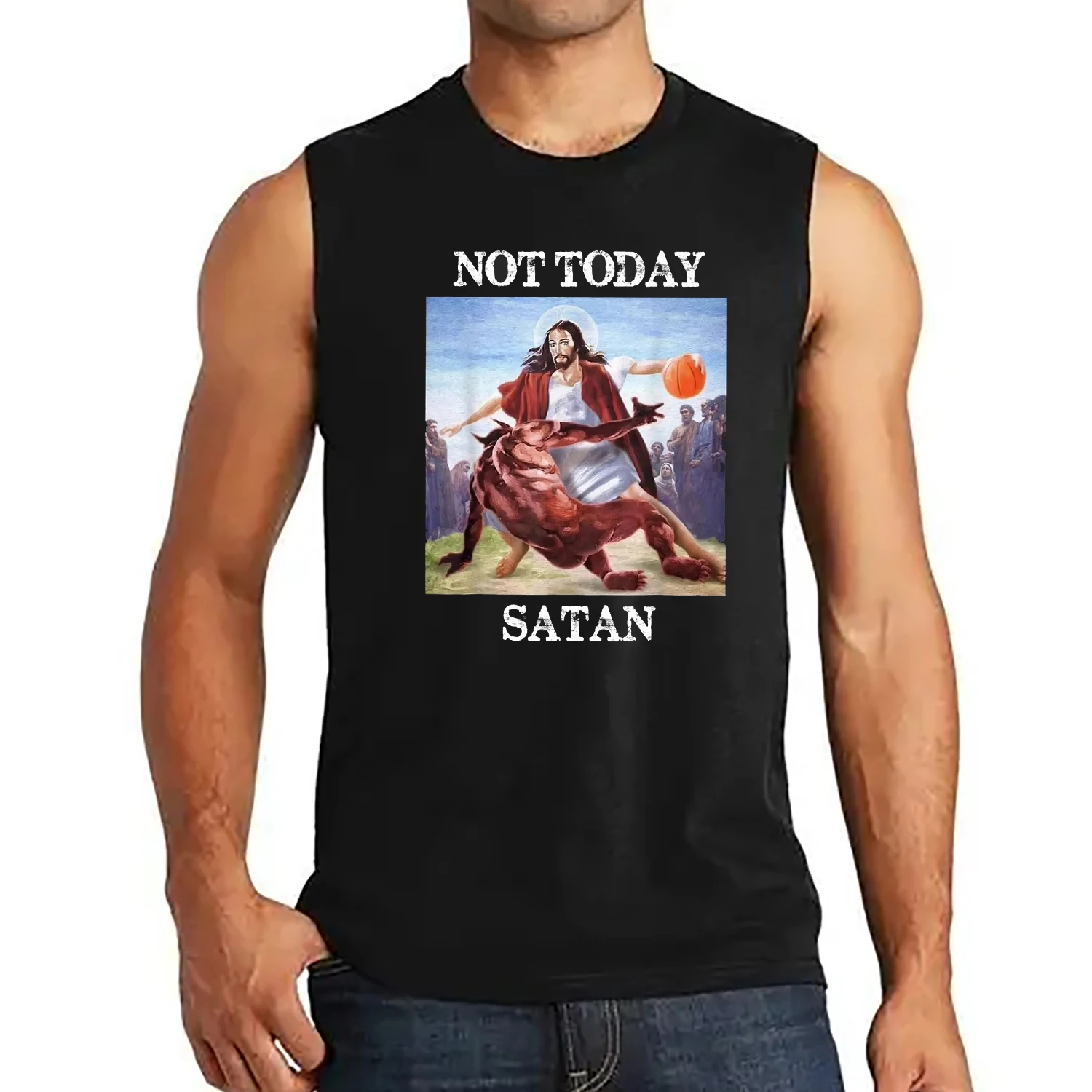 

Not Today Satan Fun Jesus and Satan Crossover Basketball Tanktop 100% Cotton O-Neck Summer Casual Mens Vests Sleeveless T-shirt