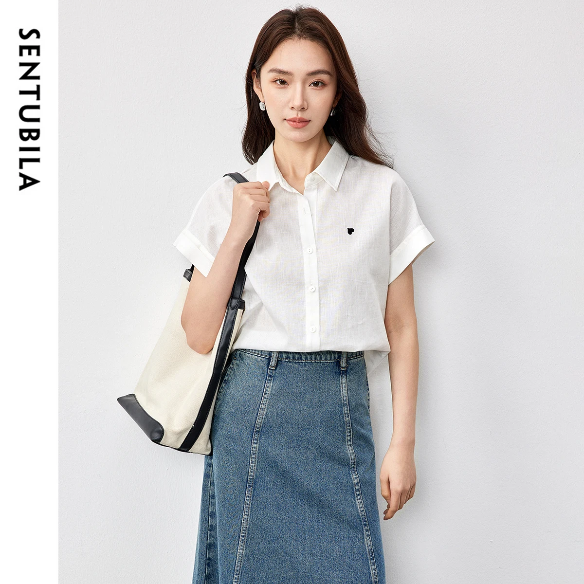 SENTUBILA Women Short Sleeve White Shirt 2025 Summer Cotton Blend Casual Embroidery Blouses Top Office Wear Clothing 152C59033