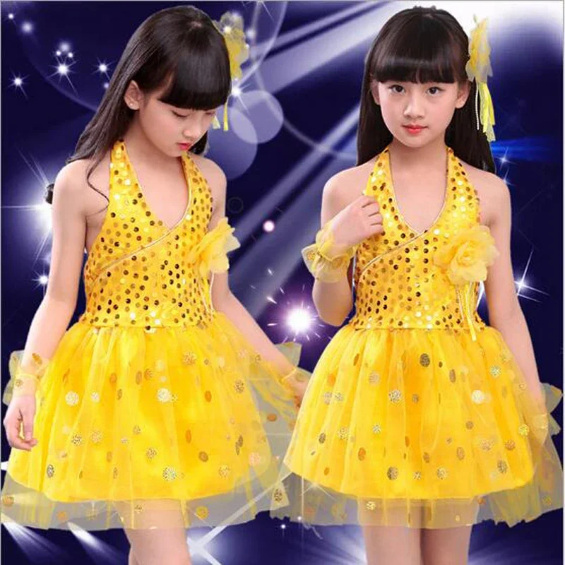 Tutu Fashion Veil Dancewear Modern Stage Perform Clothes School Girl Group Dancing Dresses Girls Sequined Latin Dress