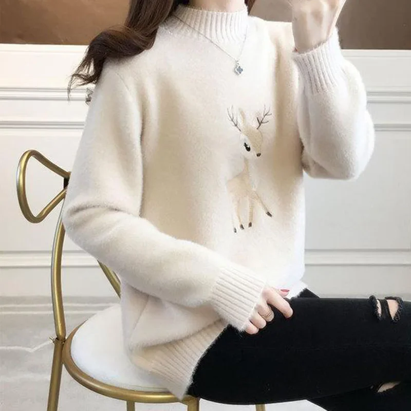 2024 Embroidery Deer Warm Jumpers Woman 2023 Autumn Winter Half High Collar Knit Sweater Women Loose Long Sleeve Blouse