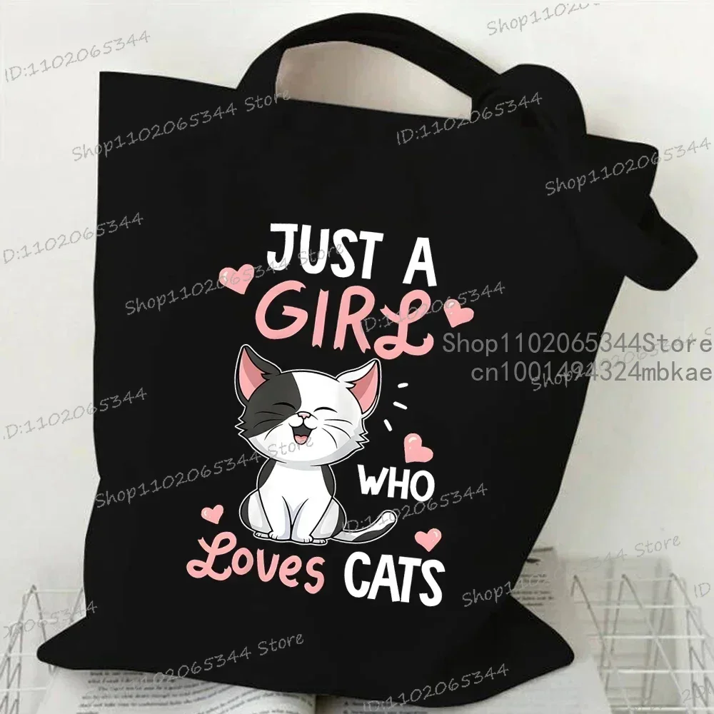 Women's Canvas Shoulder Bag Just A Girl Who Loves Cats Print Shopping Bag 2024 Student Animal Tote Bags Cartoon Kitten Handbag