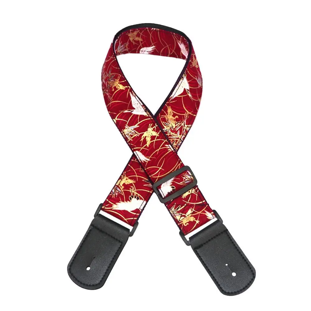 Vintage Guitar Strap Embroidered Print Red Crowned Crane Electric Guitar Belts Ethnic Style Waves Guitar Shoulder Belt Ukulele