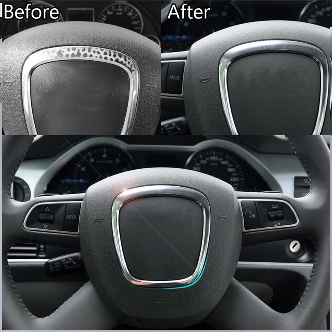 Car Steering Wheel Emblem Logo Trim Frame Fit for Audi A4 S4 B7 B8 A5 S5 A6 C6 Q5 Q7 2008 2009 2010 Silver