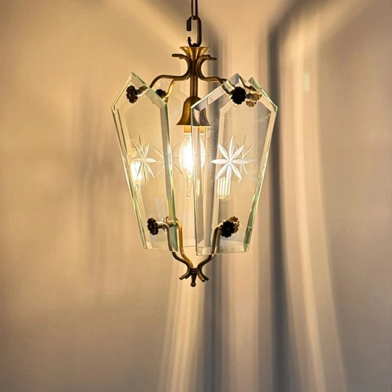 Luz pingente de vidro de floco de neve francês, luz pingente de cobre retro americano, varanda do quarto, estudo, luz da sala de jantar