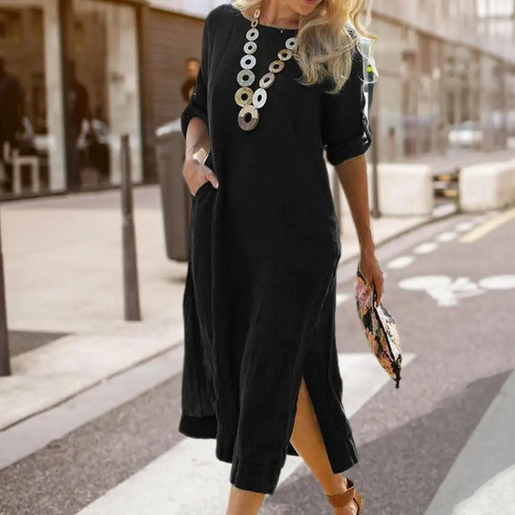 Fashion Women Dress O Neck Lightweight All-match Slit Hem Loose Fit Long Pullover Dress Casual for Office Women Clothes