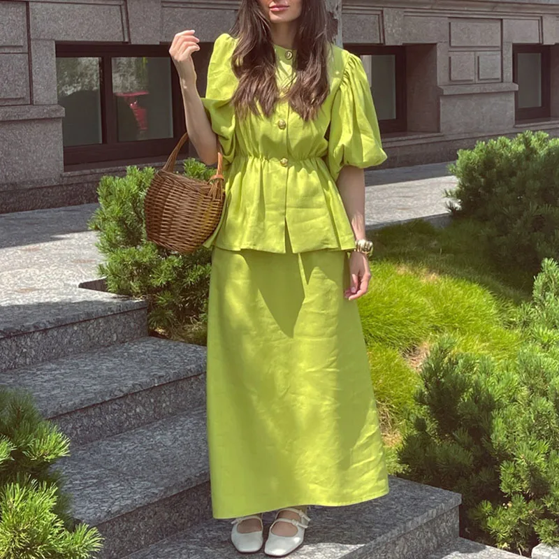 Fashion O-Neck Button Shirts & Skirt Outfit Lady Casual Puff Sleeve High Waist Midi Suit Elegant Cotton All-Matching 2 Piece Set