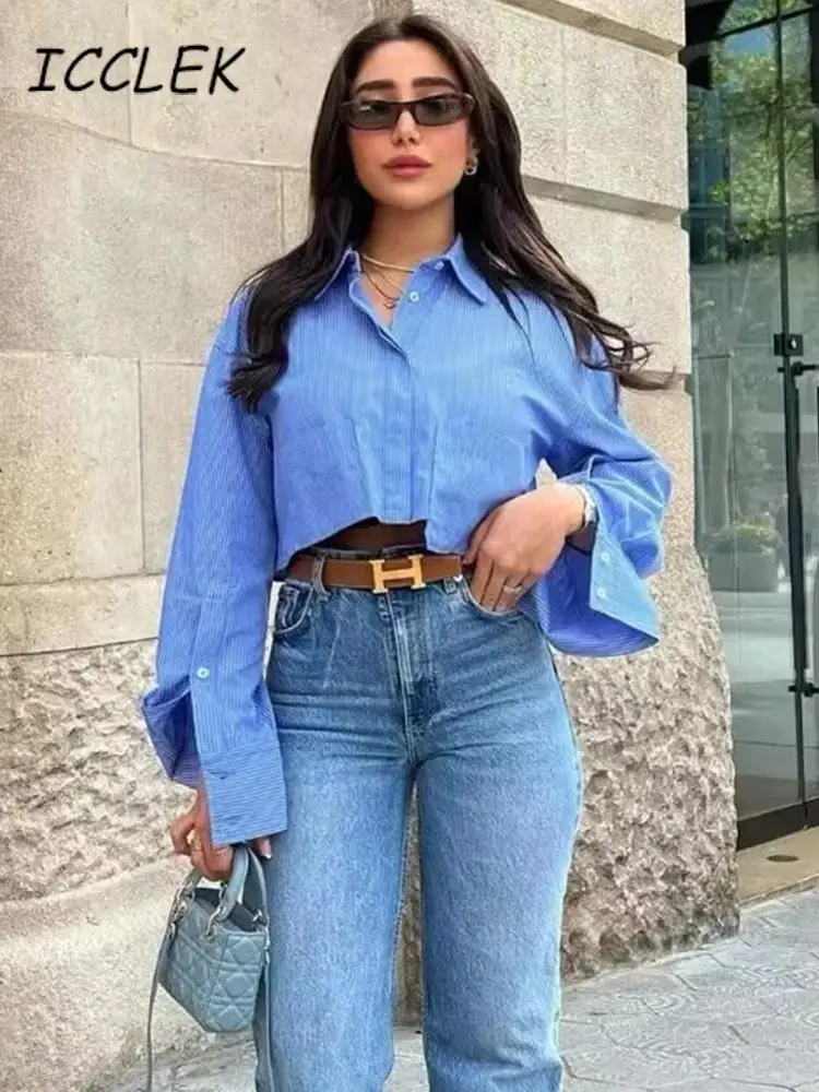 

Traf Y2k Top Fashion Woman Blouse 2024 Women Striped Shirts & Blouses Summer Cropped Tops Shirt Pocket Female Bouse Tops Tees