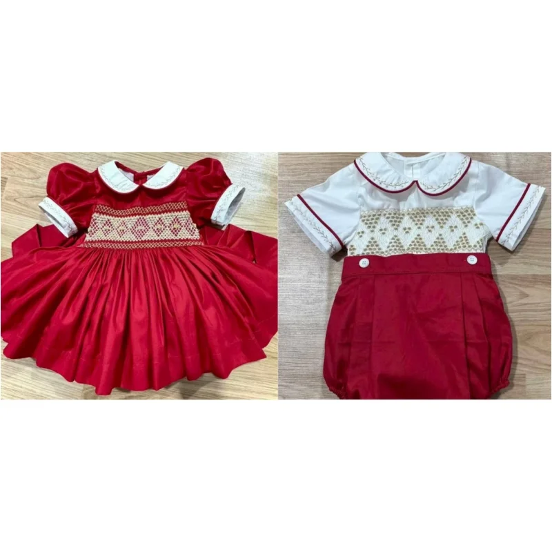 0-12Y Baby Girl Summer Flower Handmade Embroidery Smocked Vintage Princess Red Dress Boy Suit for Birthday  Eid Christmas A292