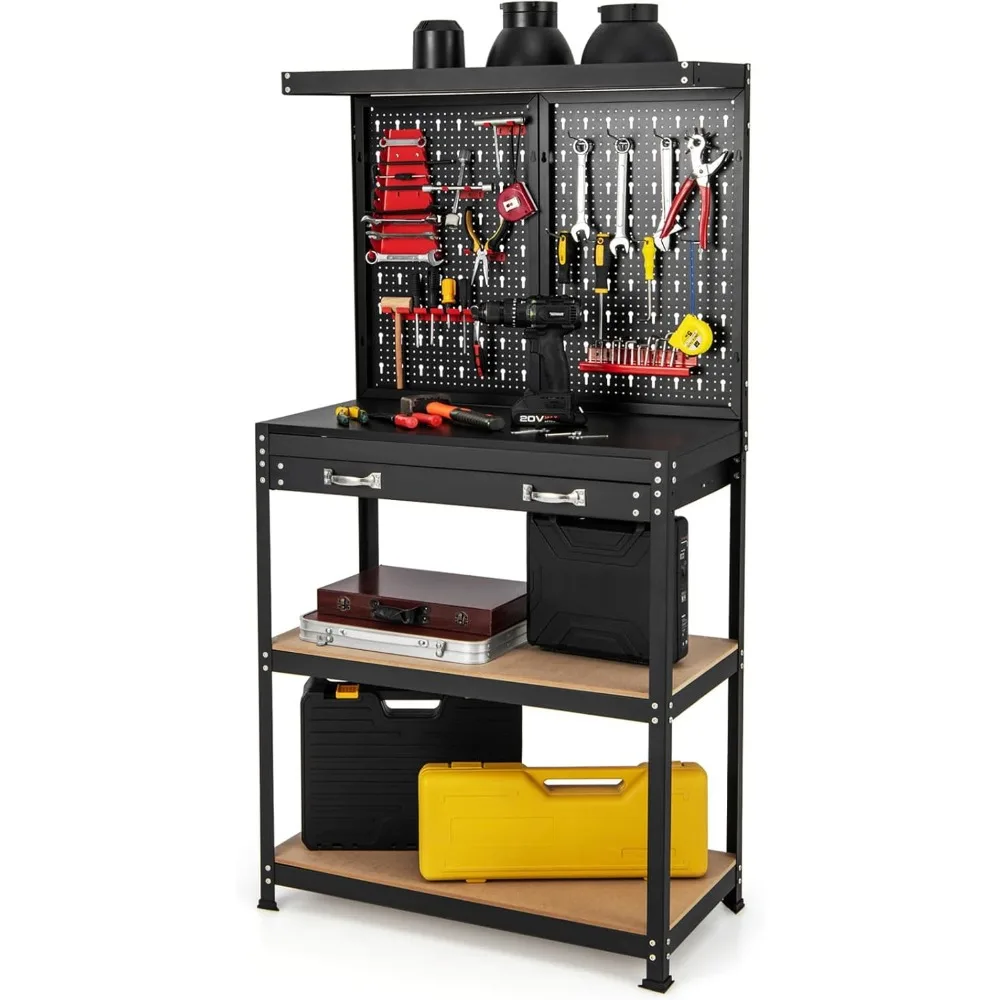 

Garage Workbench with Drawers, 32 x 16 Inches Tool Storage Workbench with Pegboard & 2 Lower Shelves, 14 Hanging Accessorie