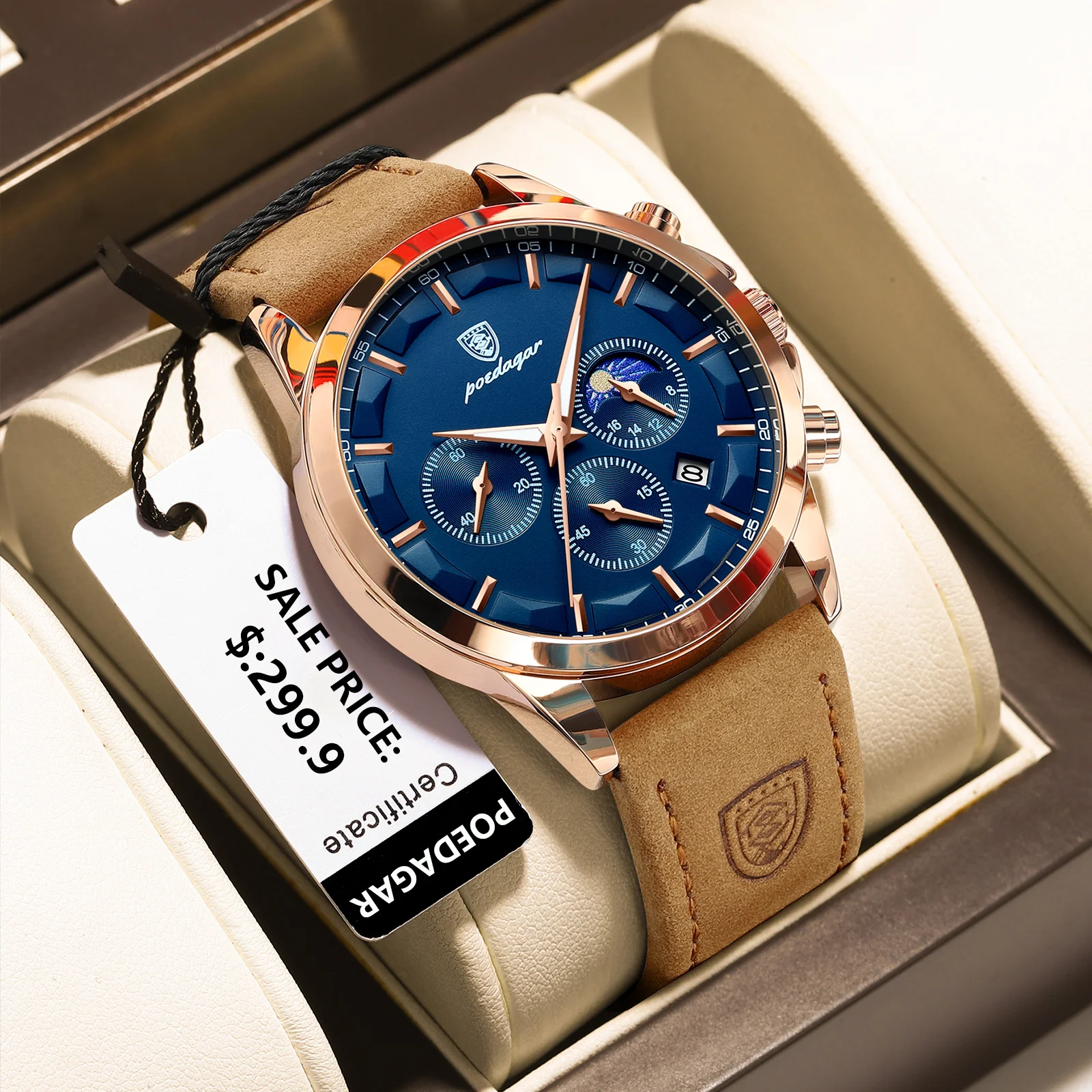 POEDAGAR New Original Men's Watches Casual Fashion Quartz Watch for Man Waterproof Leather Luminous Date Chronograph Male Clock