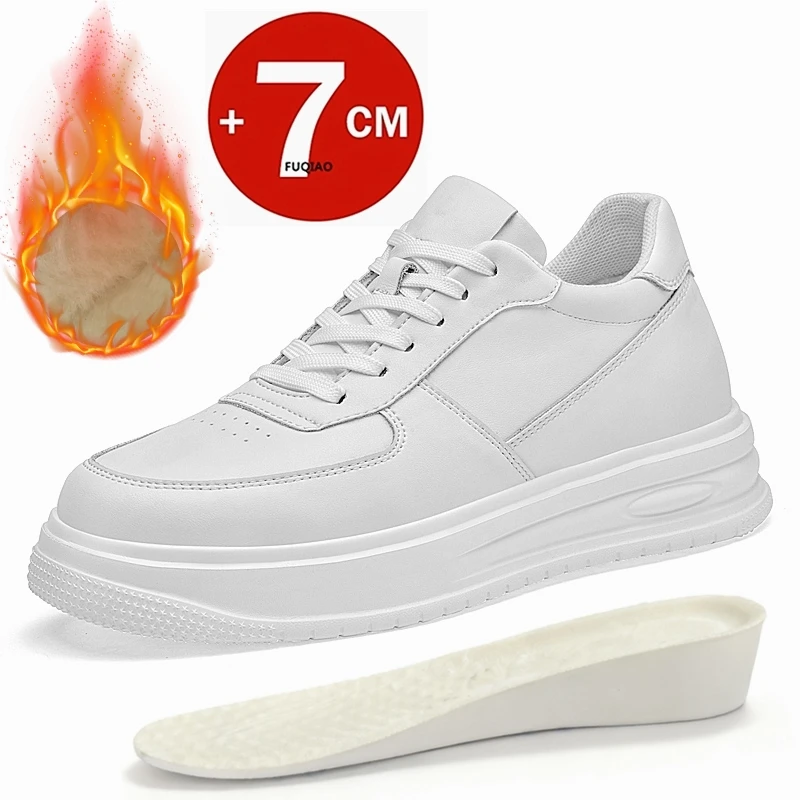 

7CM Height Increase Winter Couple Shoes Genuine Leather Warm Elevator Sneakers White Fashion Casual Sports Shoes for Men & Women