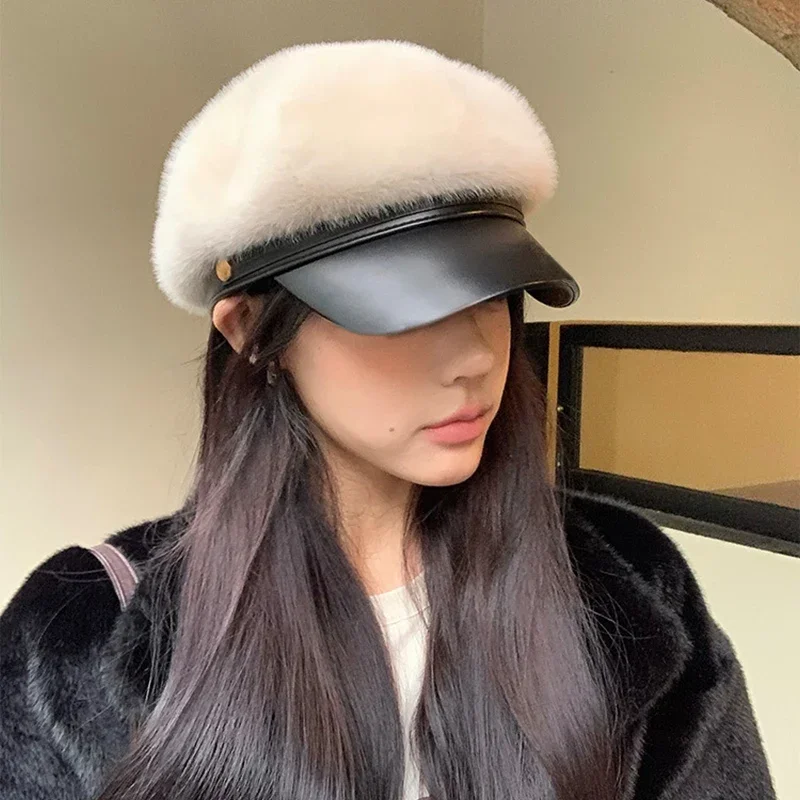 Vintage Mink Fur Beret Women Luxury Versatile Artist Hat Girls Lady Winter Warm Big Head Octagonal Cap Hard Brim Ski Caps