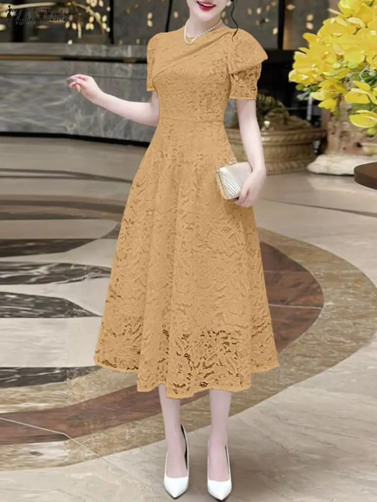 Zanzea feminino elegante em camadas rendas midi vestidos moda o-pescoço manga curta cabido cintura vestido de convidado de casamento roupas femininas S-3XL