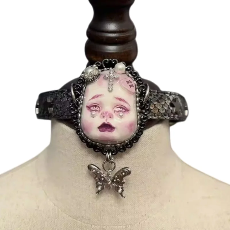

New Punk Y2K Doll Necklace Pink Vintage Human Face Dark Gothic Leather Choker Women Jewelry Gift Accessories