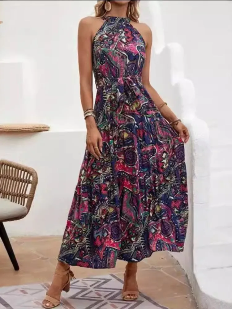 Sexy Women's Summer Bohemian Vintage Hanging Neck Long Dress Women's Fashion Print Sleeveless Waist Party Beach Dress Vestidos