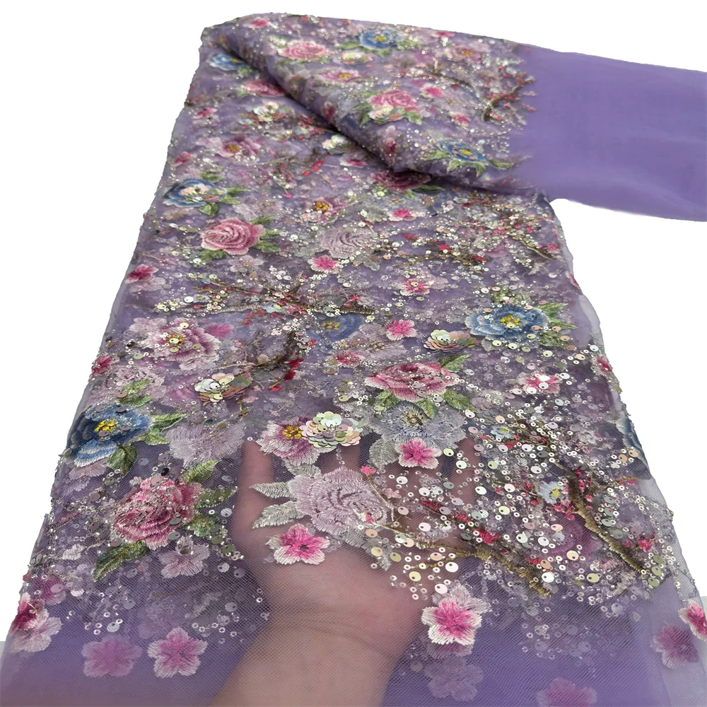 Afrikanische Pailletten Spitze Stoff hochwertige Spitze Stickerei Perlen Mesh Stoff 5 Meter für Frauen Hochzeits feier Kleid