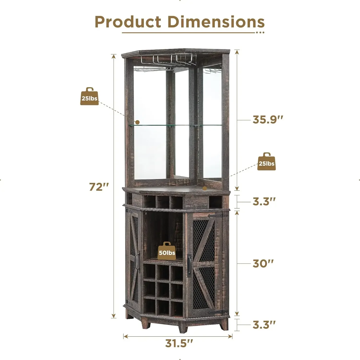 Gabinete de almacenamiento de barra de esquina, gabinete de barra de vino de granja alta de 72 "con puerta de Granero y estante ajustable, gabinete de barra de hogar con luz LED