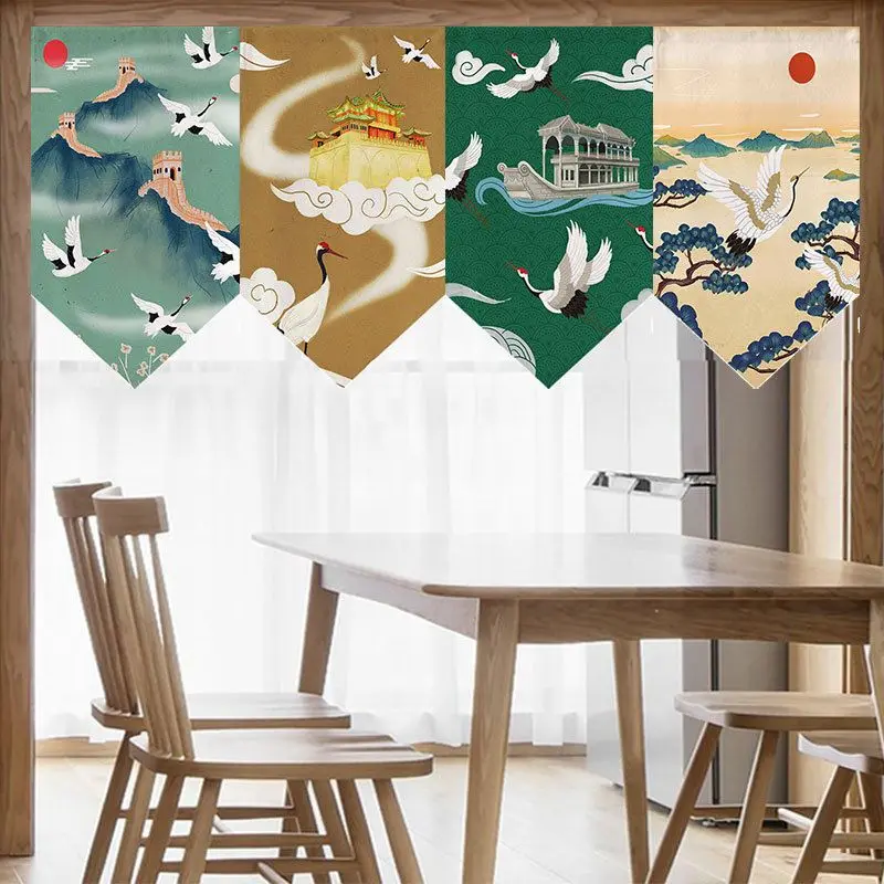 VIKAMA Vintage Koi Crane Pattern Triangle Hanging Banner Noren Curtain Kitchen Entrance Partition Curtain Asian Style Wall Decor