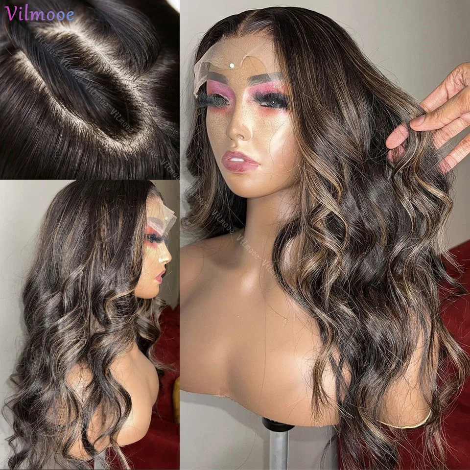 

Honey Blonde Full Lace Wig Highlights Dark Brown Rooted Blonde HD Invisible Transparent Glueless Full Lace Wig With Elastic Band