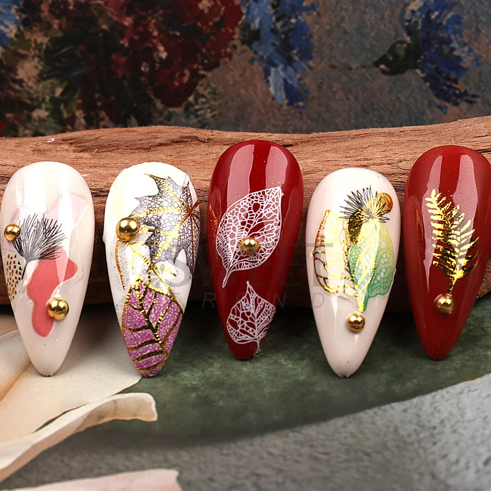 Luxury Gold Leaves Nail Art Manicure Maple Leaf Design Holographic Stickers Full Cover Adhesive Slider DIY Decor Foils SASW-T025