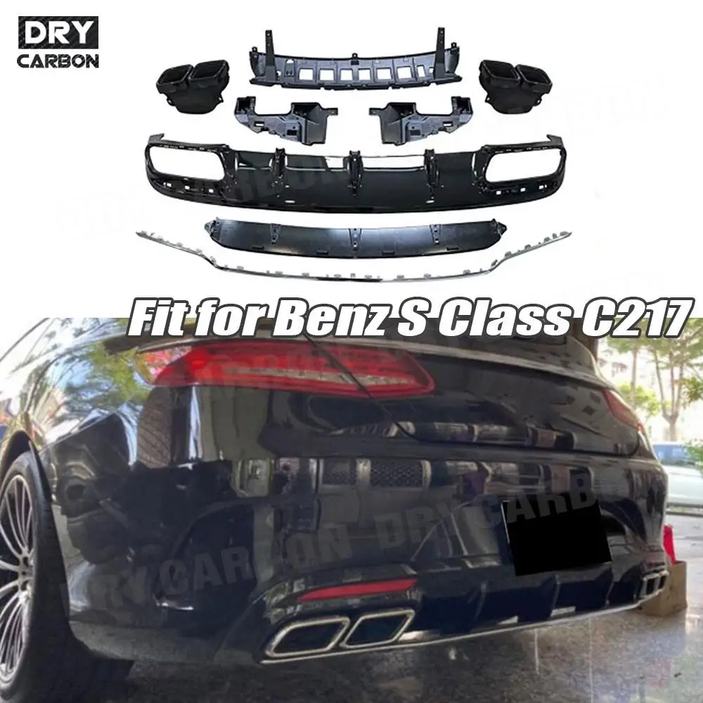 PP Black Rear Bumper Lip Diffuser with Exhaust Tips for Mercedes Benz S Class C217 S400 S450 S500 S63 AMG Coupe 2018 2019 2020