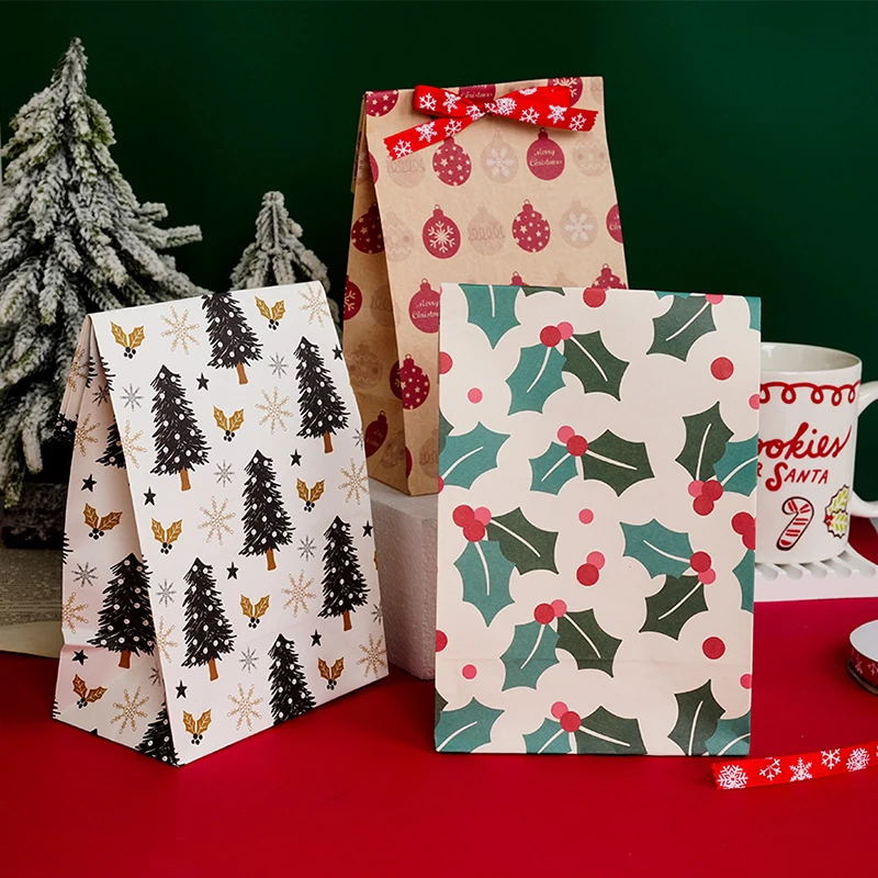 5pcs Christmas Kraft Paper Bags Snowflake Santa Claus Printing Candy Bag Cookies Packing Bags New Year Navidad Party Supplies