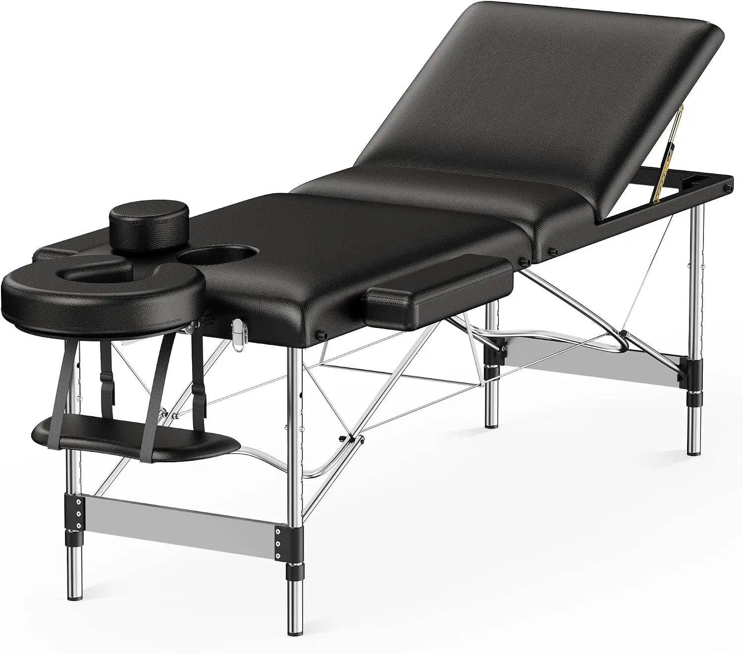 Portable Massage Table, Three Section Foldable Lash Bed, Professional Spa And Tattoo Salon Workstation, Height Adjustable Beauty Table With Carrying Bag, Modern Style, Black, 1 Piece