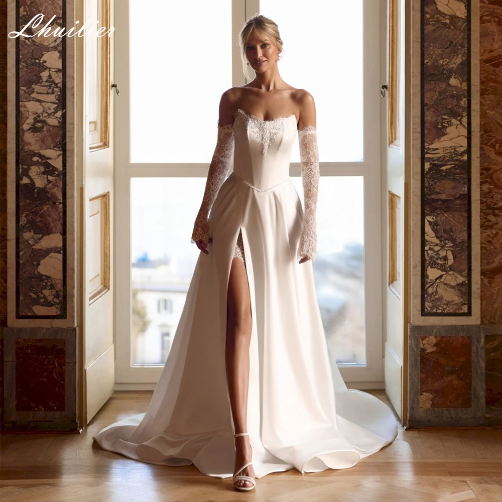 Lhuilier Customized A Line Strapless Satin Wedding Dresses Beaded Lace Bridal Gown with High Slit