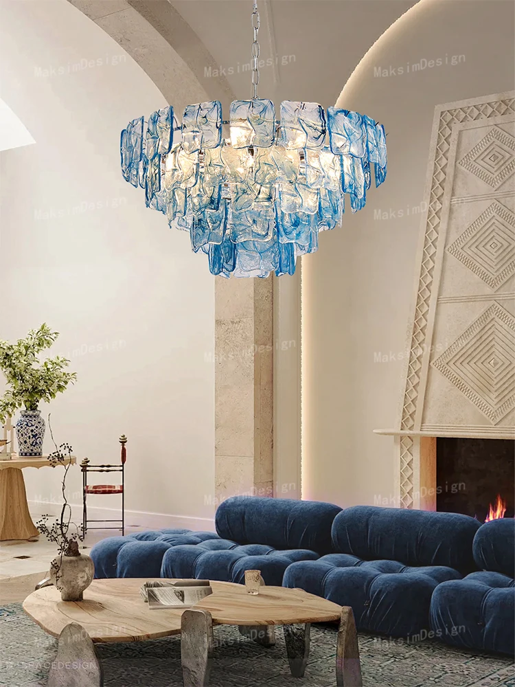 Blue Cloud Glass Big Chandelier Home Decor European Villa Living Room Pendant Light Lobby Vintage Style Restaurant Lustre LED