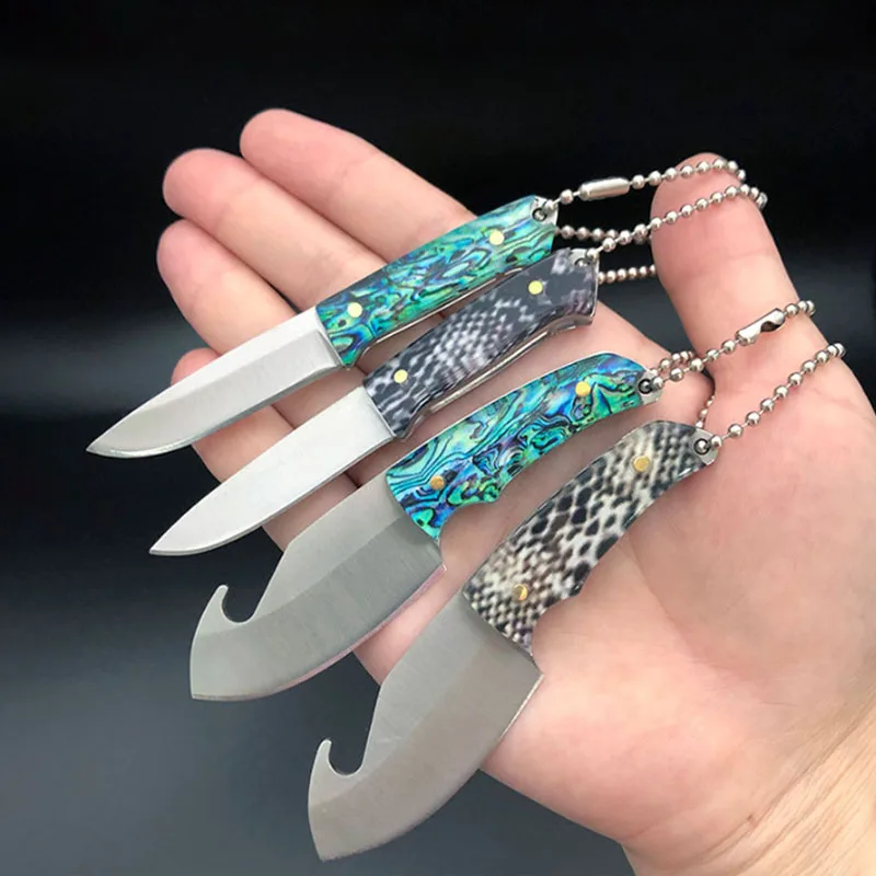 Mini Resin Patterned Handle Knife Bottle Opener Portable Outdoor Keychain Gift Knife Unboxing Knife with Leather Cover