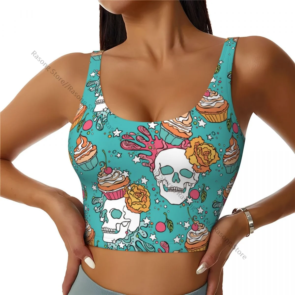 Yoga Vest Women Gym Sports Crop Tops Skull And Cupcake Pattern Streetwear Workout Breathable Tank Top Female