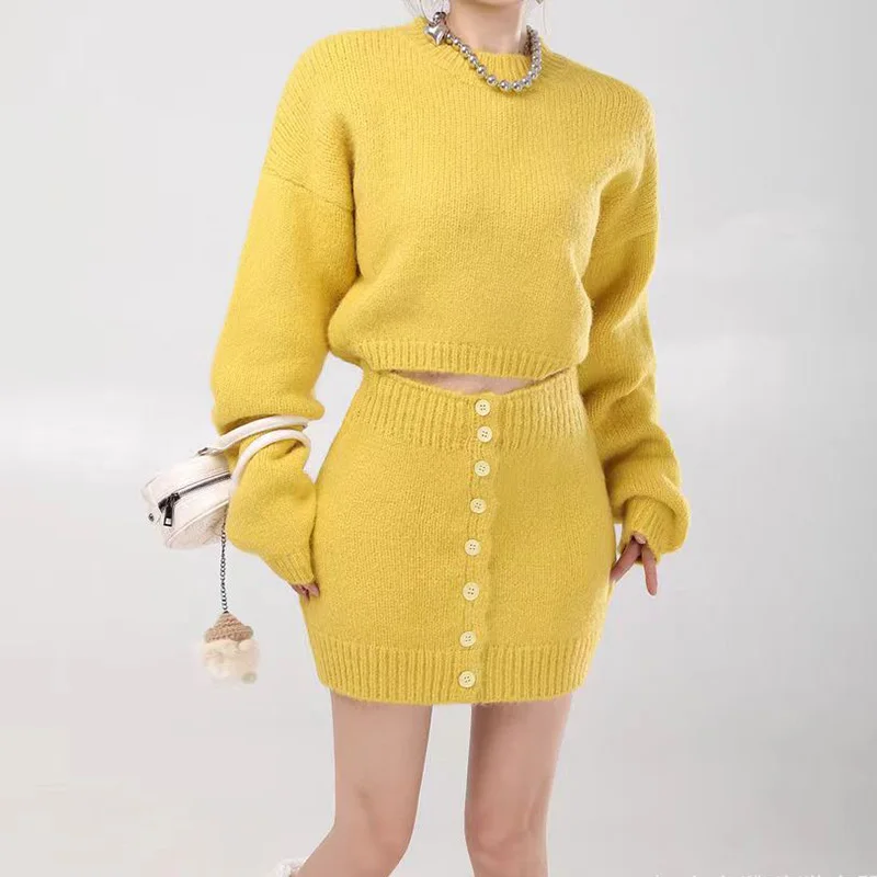 Women Fashion Sweater Skirt Suit Female O-neck Long Sleeve Pullovers+Single Buttons Knitted Bodycon Skirts Casual Sweater Sets