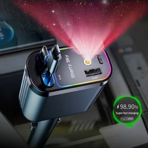 Cargador de 120w, cargador de coche de carga súper rápida, retráctil 4 en 1, luz de ambiente de techo de cielo estrellado, cargador de coche Universal